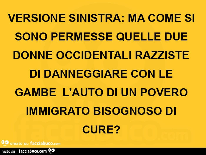 Versione sinistra: ma come si sono permesse quelle due donne occidentali razziste di danneggiare con le gambe  l'auto di un povero immigrato bisognoso di cure?  