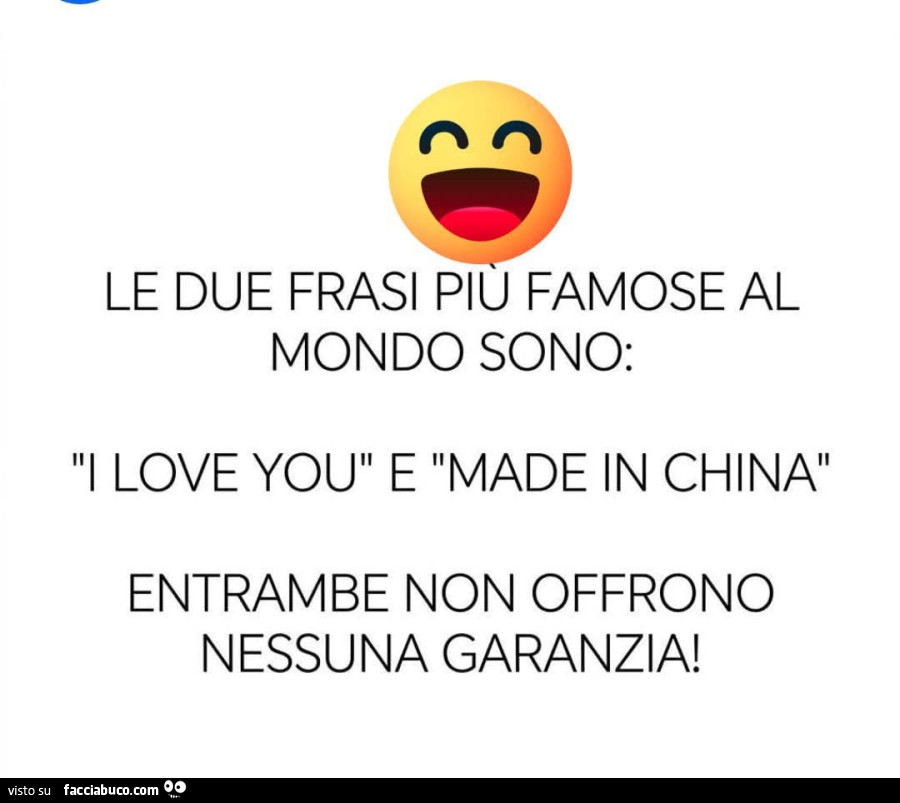 Le due frasi piu famose al mondo sono: l love you e made in china. Entrambe non offrono nessuna garanzia
