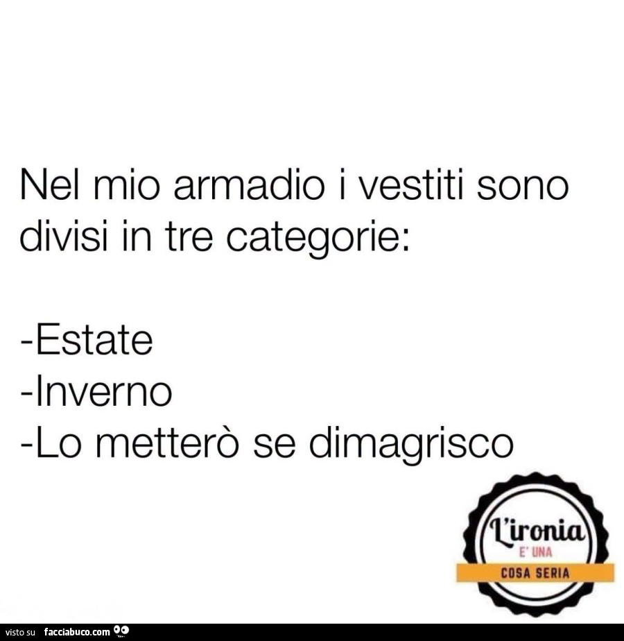 Nel mio armadio i vestiti sono divisi in tre categorie: estate, inverno, lo metterò se dimagrisco