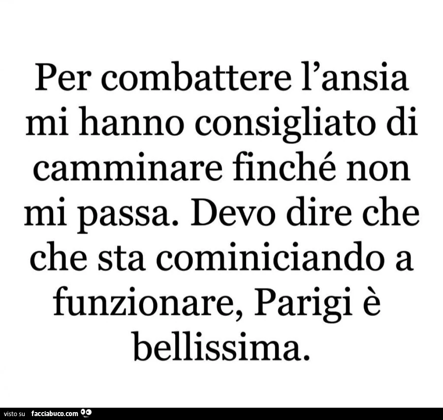 Per combattere l'ansia mi hanno consigliato di camminare finchรฉ non mi passa. Devo dire che sta cominiciando a funzionare, parigi รจ bellissima