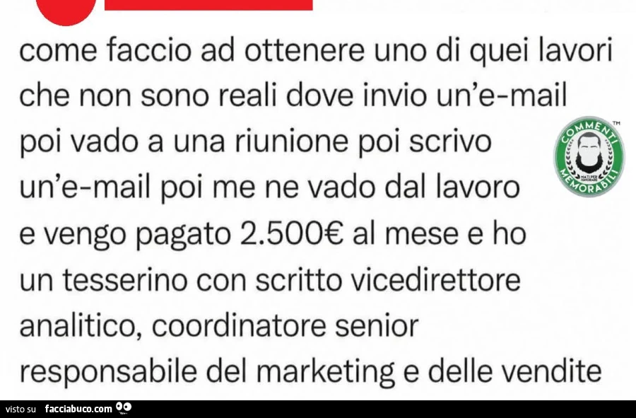 Come faccio ad ottenere uno di quei lavori che non sono reali dove invio un'email poi vado a una riunione poi scrivo un'email poi me ne vado dal lavoro e vengo pagato 2.500€ al mese e ho un tesserino con scritto vicedirettore analitico, coordina