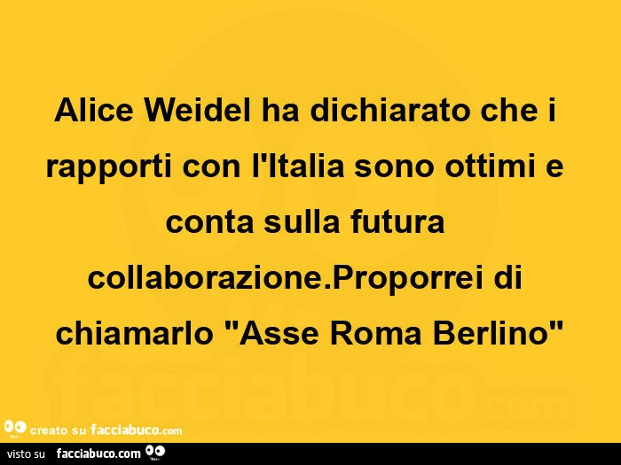 Alice weidel ha dichiarato che i rapporti con l'italia sono ottimi e conta sulla futura collaborazione. Proporrei di chiamarlo "asse roma berlino"