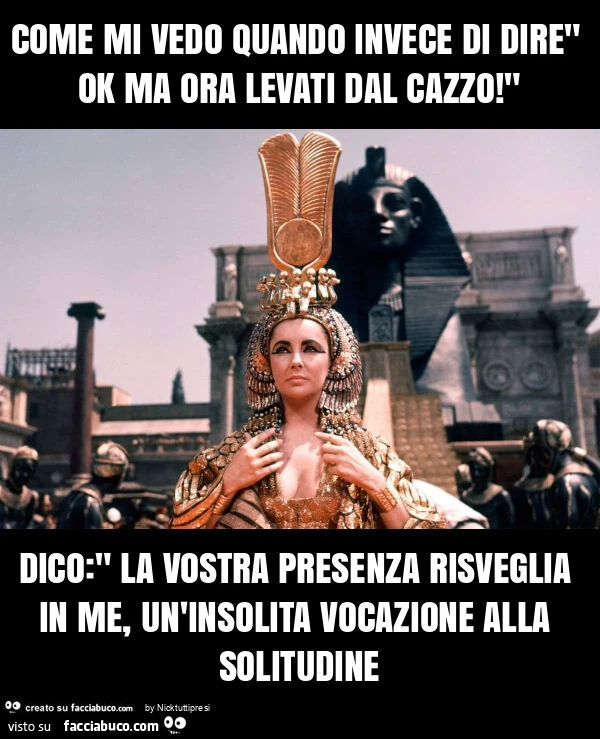 Come mi vedo quando invece di dire" ok ma ora levati dal cazzo! " Dico: " la vostra presenza risveglia in me, un'insolita vocazione alla solitudine