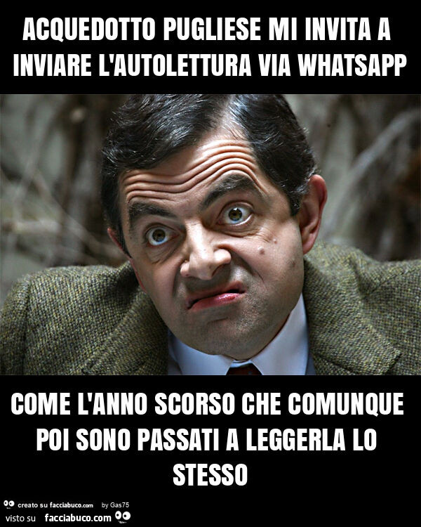 Acquedotto pugliese mi invita a inviare l'autolettura via whatsapp come l'anno scorso che comunque poi sono passati a leggerla lo stesso