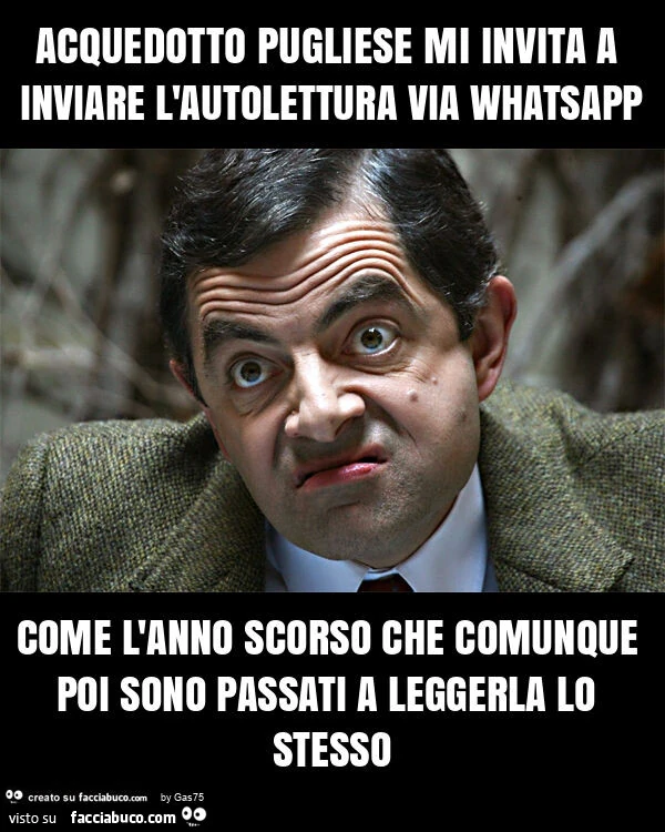 Acquedotto pugliese mi invita a inviare l'autolettura via whatsapp come l'anno scorso che comunque poi sono passati a leggerla lo stesso