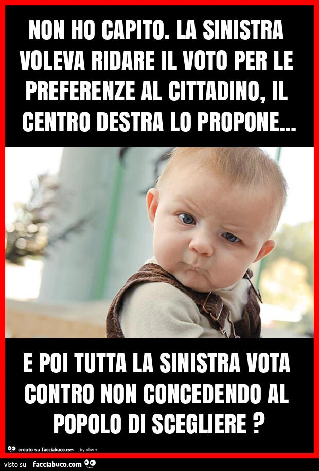 Non ho capito. La sinistra voleva ridare il voto per le preferenze al cittadino, il centro destra lo propone&hellip; e poi tutta la sinistra vota contro non concedendo al popolo di scegliere?
