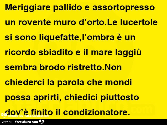 Meriggiare pallido e assortopresso un rovente muro d'orto. Le lucertole si sono liquefatte, l'ombra è un ricordo sbiadito e il mare laggiù sembra brodo ristretto. Non chiederci la parola che mondi possa aprirti, chiedici piuttosto dov'è fin