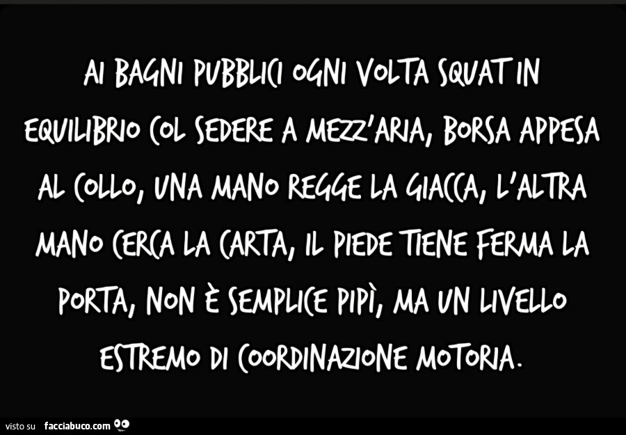 Ai bagni pubblici ogni volta squat in equilibrio col sedere a mezz'aria, borsa appesa al collo, una mano regge la giacca, l'altra mano cerca la carta, il piede tiene ferma la porta, non è semplice pipì, ma un livello estremo di coordinazione mot