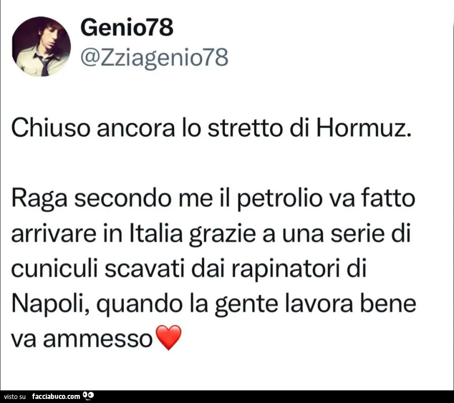 Chiuso ancora lo stretto di Hormuz. Raga secondo me il petrolio va fatto arrivare in Italia grazie a una serie di cuniculi scavati dai rapinatori di Napoli, quando la gente lavora bene va ammesso