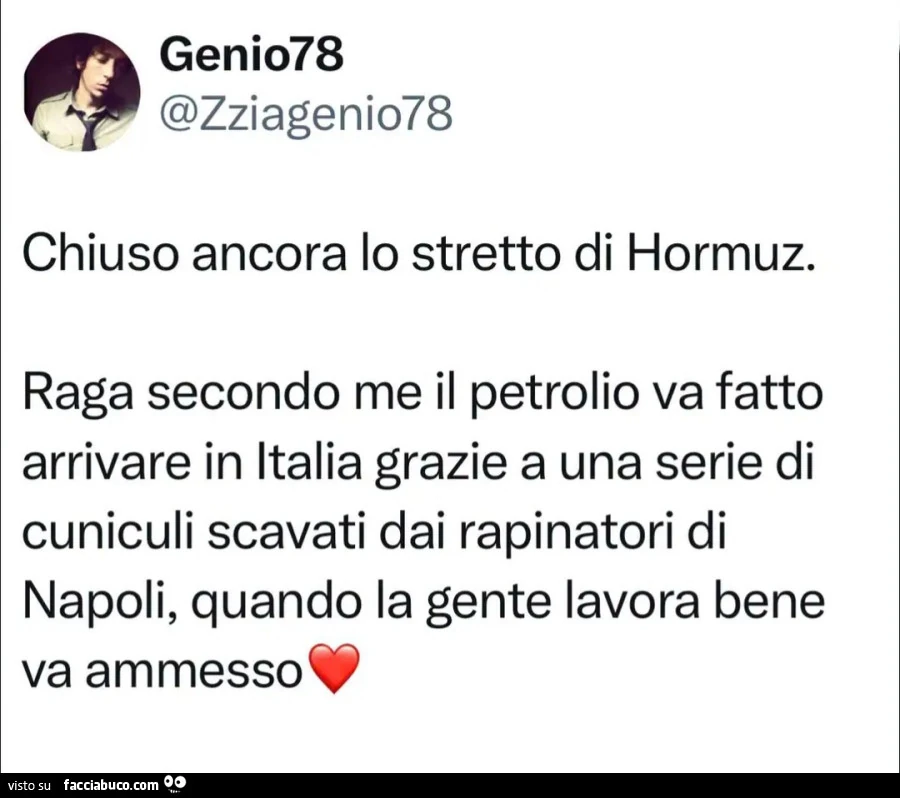 Chiuso ancora lo stretto di Hormuz. Raga secondo me il petrolio va fatto arrivare in Italia grazie a una serie di cuniculi scavati dai rapinatori di Napoli, quando la gente lavora bene va ammesso
