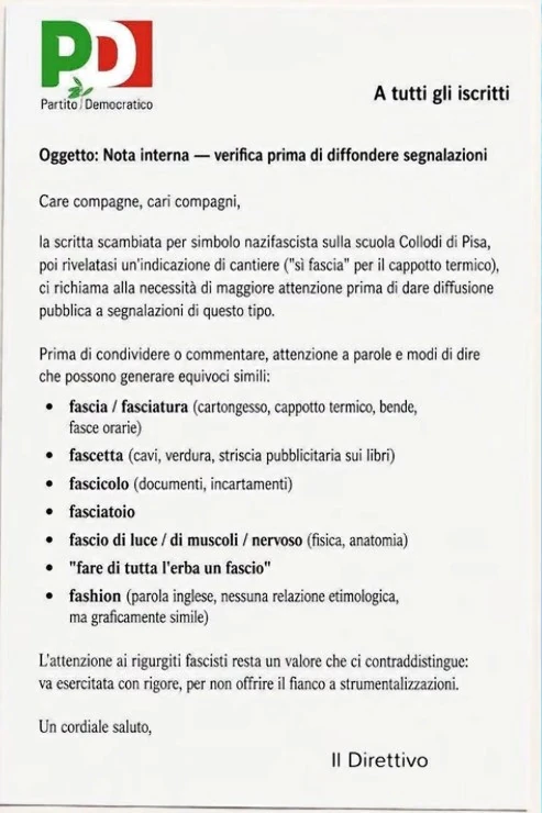 Partito democratico a tutti gli iscritti. Nota interna verifica prima di diffondere segnalazioni