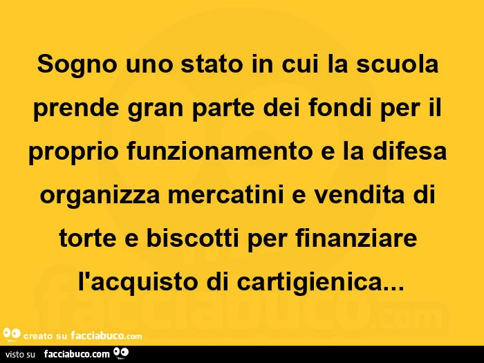 Sogno uno stato in cui la scuola prende gran parte dei fondi per il proprio funzionamento e la difesa organizza mercatini e vendita di torte e biscotti per finanziare l'acquisto di cartigienica