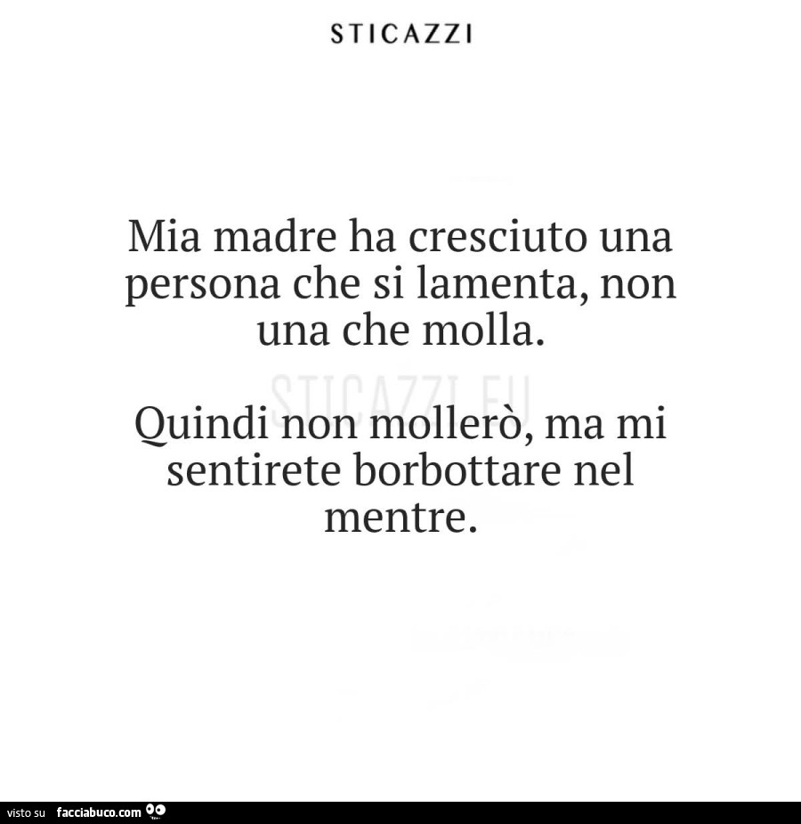Mia madre ha cresciuto una persona che si lamenta, non una che molla. Ouindi non mollerò, ma mi sentirete borbottare nel mentre