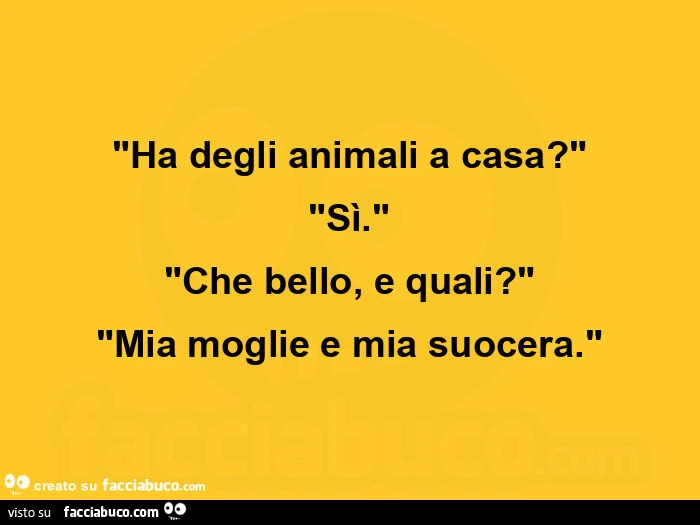 "ha degli animali a casa? " "Sì. " "Che bello, e quali? " "Mia moglie e mia suocera. "
